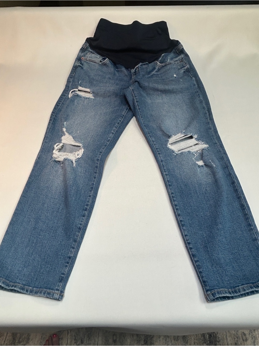 Old Navy Blue Distressed Maternity Flare Jeans with Black Waistband